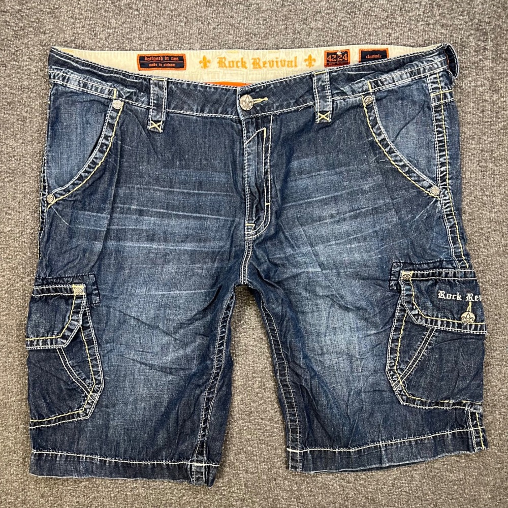 Rock Revival Denim Cargo Shorts Mens 44 Indigo Classic Y2K Heavy Stitch Grunge